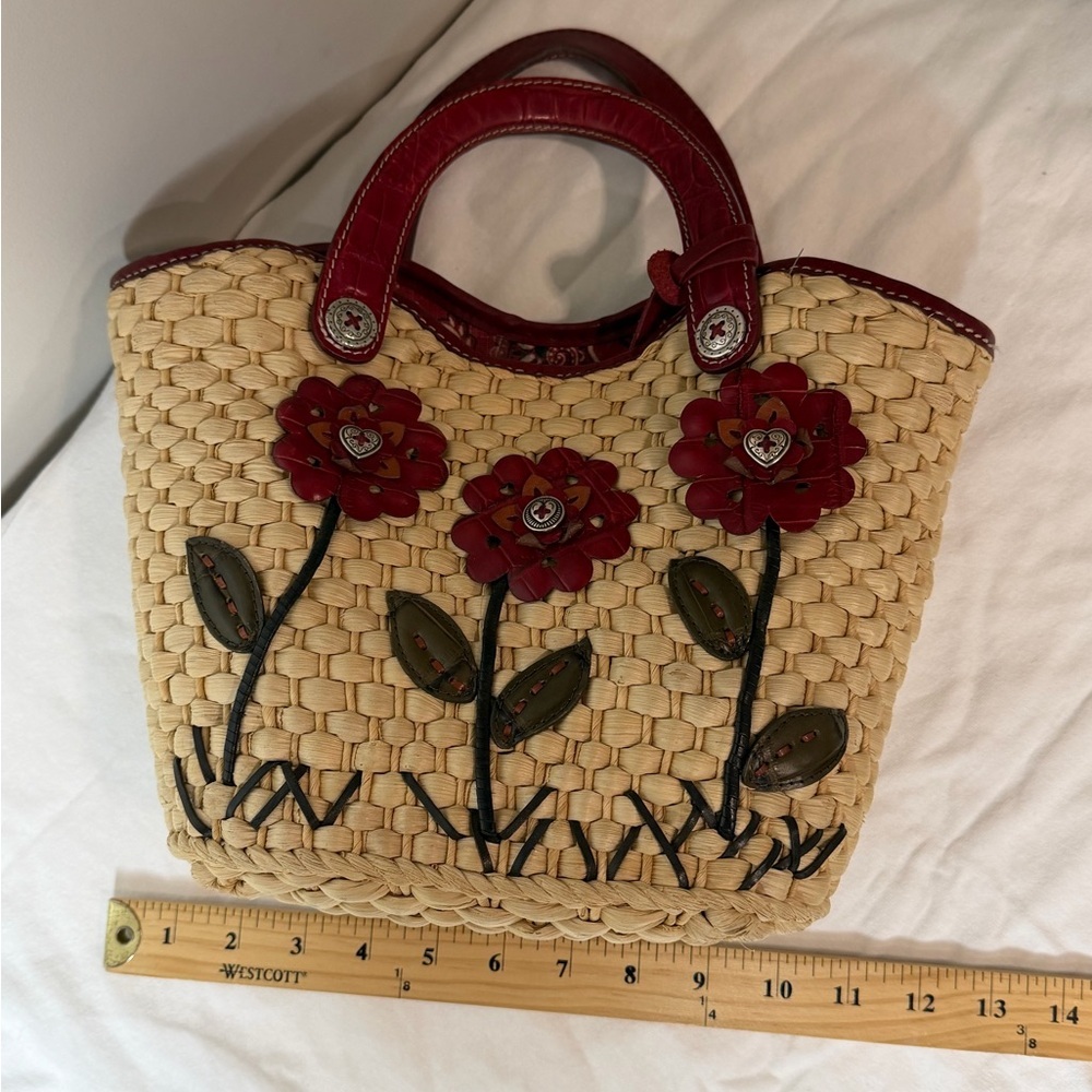 Brighton Beverly Straw Tote Handbag Stylish Woven Tote with Red Leather Accents - Picture 4 of 12